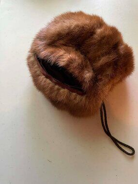 Vintage Small Mink Fur Muff zipper Purse Hand Warmer  Wristlet Retro glamour